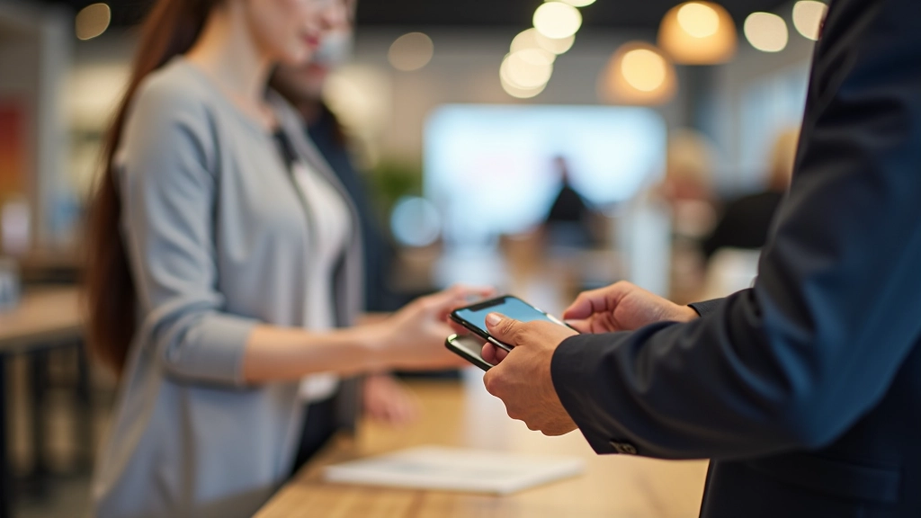 Person at checkout counter with contactless payment terminal, making a transaction with smartphone, retail store background