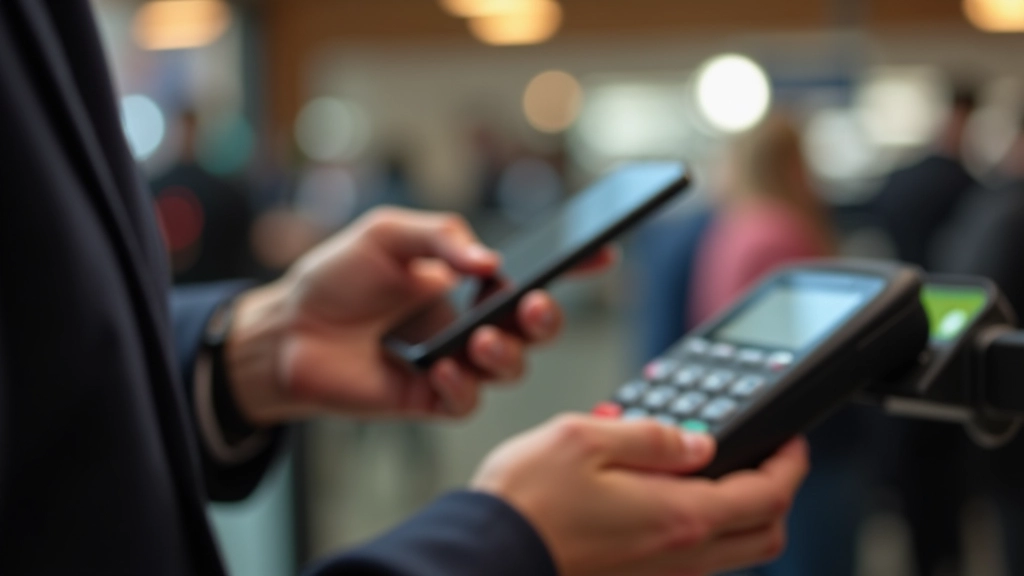 Smartphone displaying mobile payment application with digital wallet interface, person holding phone over payment terminal
